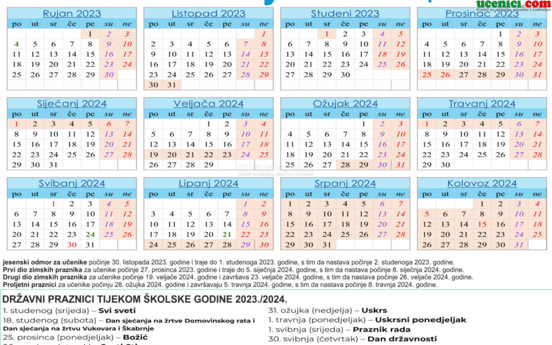 Kalendar za školsku godinu 2023./2024.