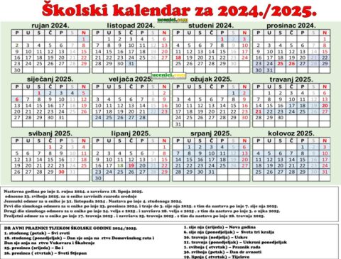 Školski kalendar s praznicima u 2024./2025. | Osnovna škola Pantovčak ...