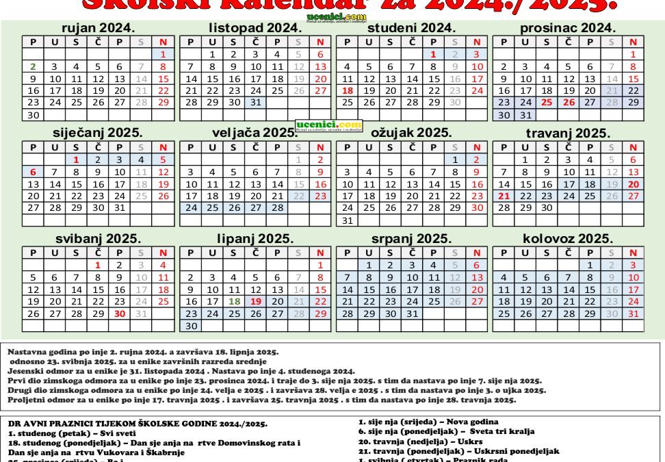 Školski kalendar s praznicima u 2024./2025.