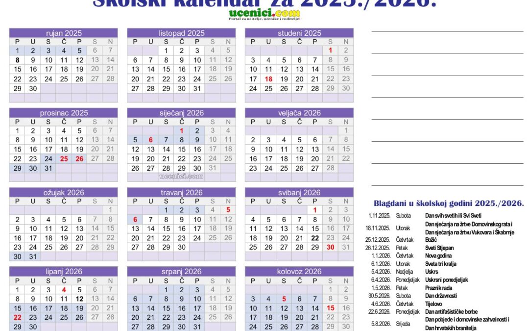 Školski kalendar za 2025./2026. godinu